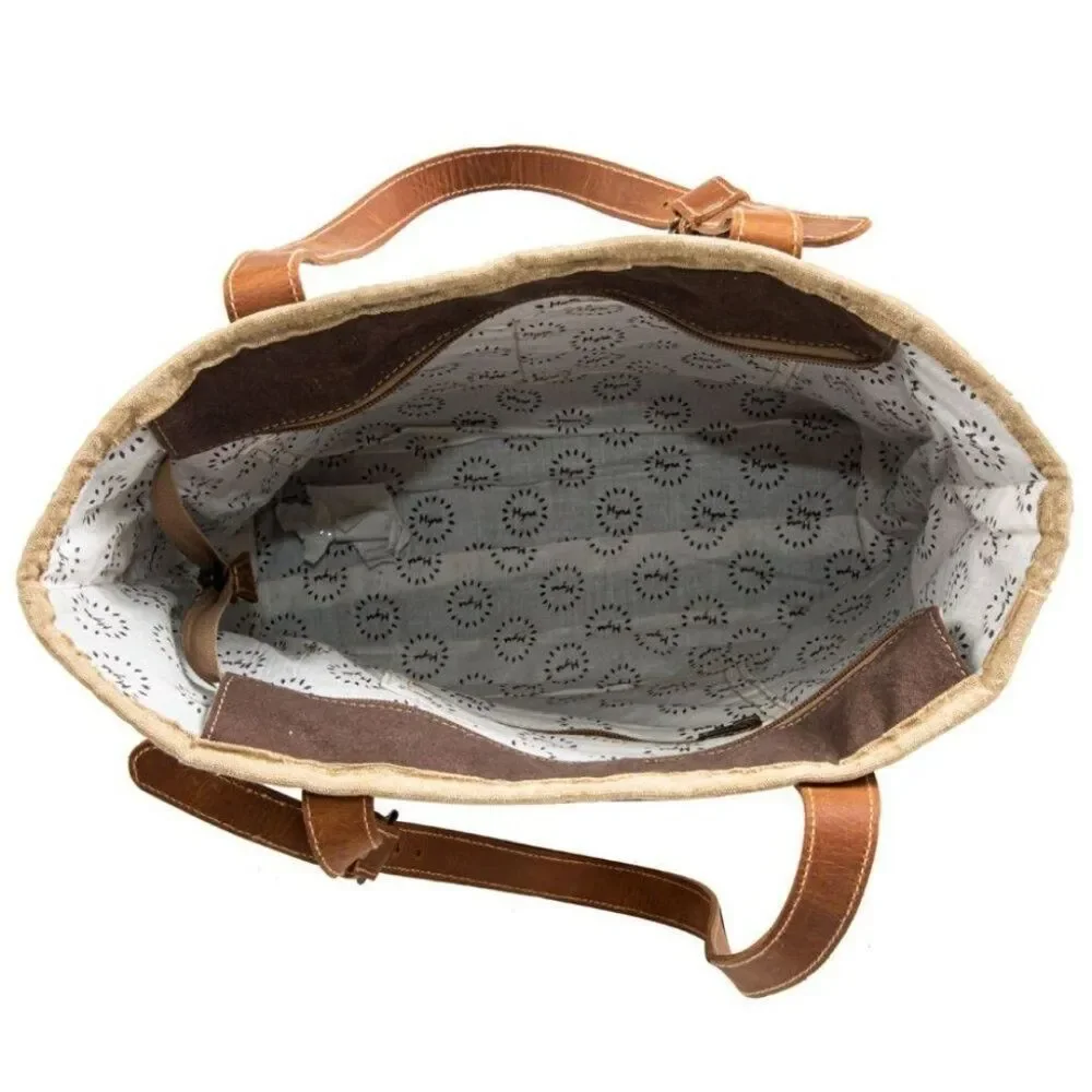 Myra Bag Handmade Francais Tote Bag Upcycled Canvas & Cowhide Leather
